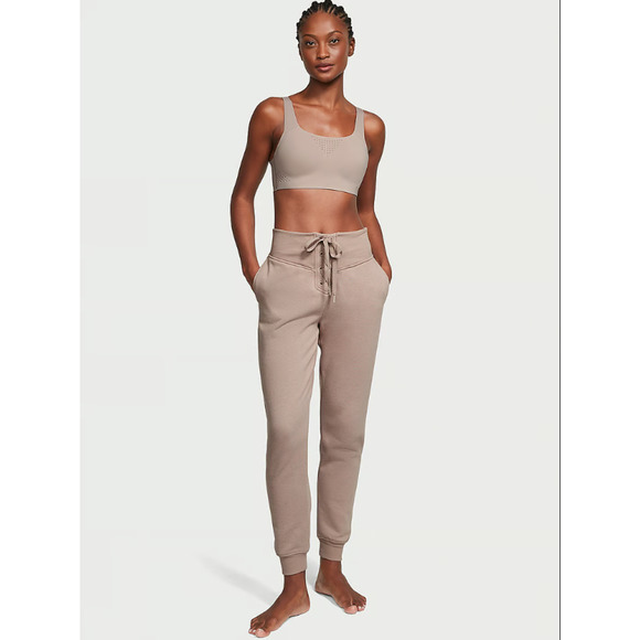 Victorias Secret Womens Jogger Pants Small Tan Lace Up Fleece High Rise Lounge - Picture 2 of 9